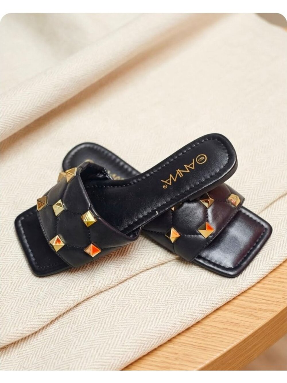 Black Quilted Slides With Gold Studded Detail For Women - Square Toe Slip-On San - Picture 5 of 10